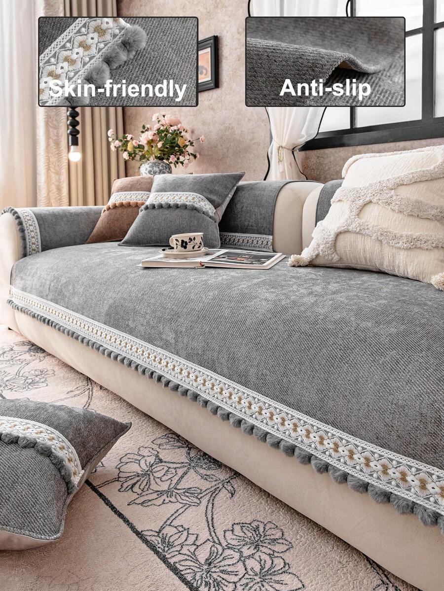 1 Vỏ bọc ghế sofa nhung màu trơn, Vỏ bọc ghế sofa phong cách tối giản có tua rua với họa tiết ngôi sao, Tấm bảo vệ ghế sofa chống trượt và chống trầy xước, Trang trí nhà cửa cho mọi mùa, Phù hợp với ghế sofa 1/2/3/4 chỗ ngồi - Xám - Xem 1