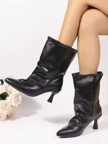 欧美风性感女士高筒踝靴 2025秋冬新款尖头细跟短筒褶皱宽筒牛仔靴西部靴时尚踝靴 - 黑色 - 查看 2