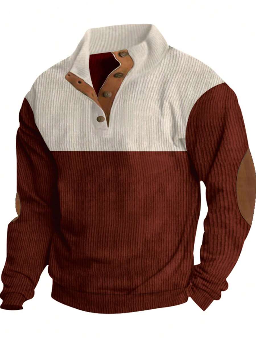 Men's Contrast Color Button Half Placket Long Sleeve Casual Loose Polo Shirt, Spring/Autumn - Red Violet - View 1