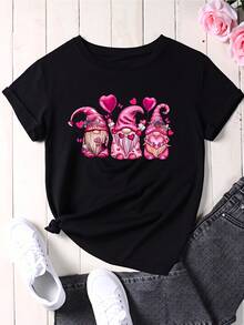 Pink Gnomes Valentine Heart Print Women T Shirt Casual Short Sleeve Top Cute Cartoon Graphic Tee Fashion Statement Shirt - 黑色 - 查看 2