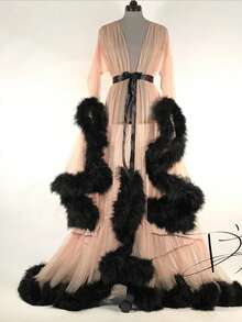 Áo choàng cô dâu màu hồng lãng mạn, áo choàng đồ lót gợi cảm mỏng manh, khăn choàng đa năng cho chương trình sân khấu, studio chụp ảnh - Màu Hồng  San hô - Xem 4