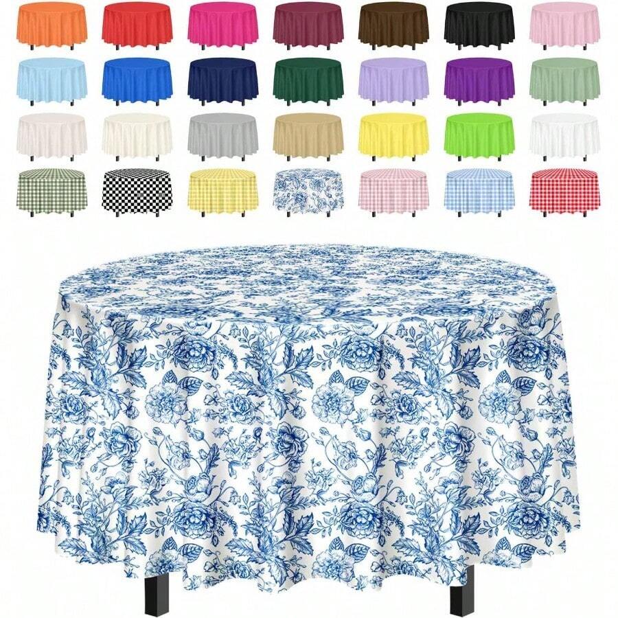 2 Pack Blue Floral Tablecloth Disposable Blue And White Floral Table Cloth 84 X 84 Round Plastic Table Cover For Birthday Wedding Picnic Camping Vintage Flower Tablecloth Perfect For Outdoor Events Indoor Celebrations And Casual Gatherings With Durable Water-Resistant Material And Elegant Design - Khăn trải bàn tròn họa tiết hoa xanh - Xem 1