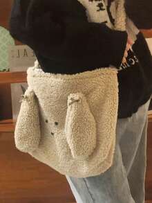 Soft & Fluffy Gray Rabbit Design Tote Bag, Large Capacity Cute Casual Crossbody Bag, Suitable For Commuting, Outing, Daily Shopping, Korean/Japanese Style