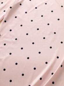 1件女士高品质牛奶丝波点随机印花露肩撞色蕾丝长袖中长连衣裙，春秋季 - 香檳色 - 查看 9