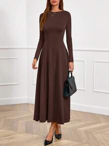 Women Fall Dresses Boat Neck Long Sleeve High Waist A-Line Flowy Knit Party Maxi Dress Spring Autumn Evening Formal Wedding Party Valentine Long Dress Outfits - 深棕色 - 查看 5