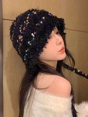 1 pieza Gorro de mujer de pompones de colores, gorro de punto con protección de orejas cálido y con lunares, gorro suave y versátil con cordones, adecuado para uso al aire libre