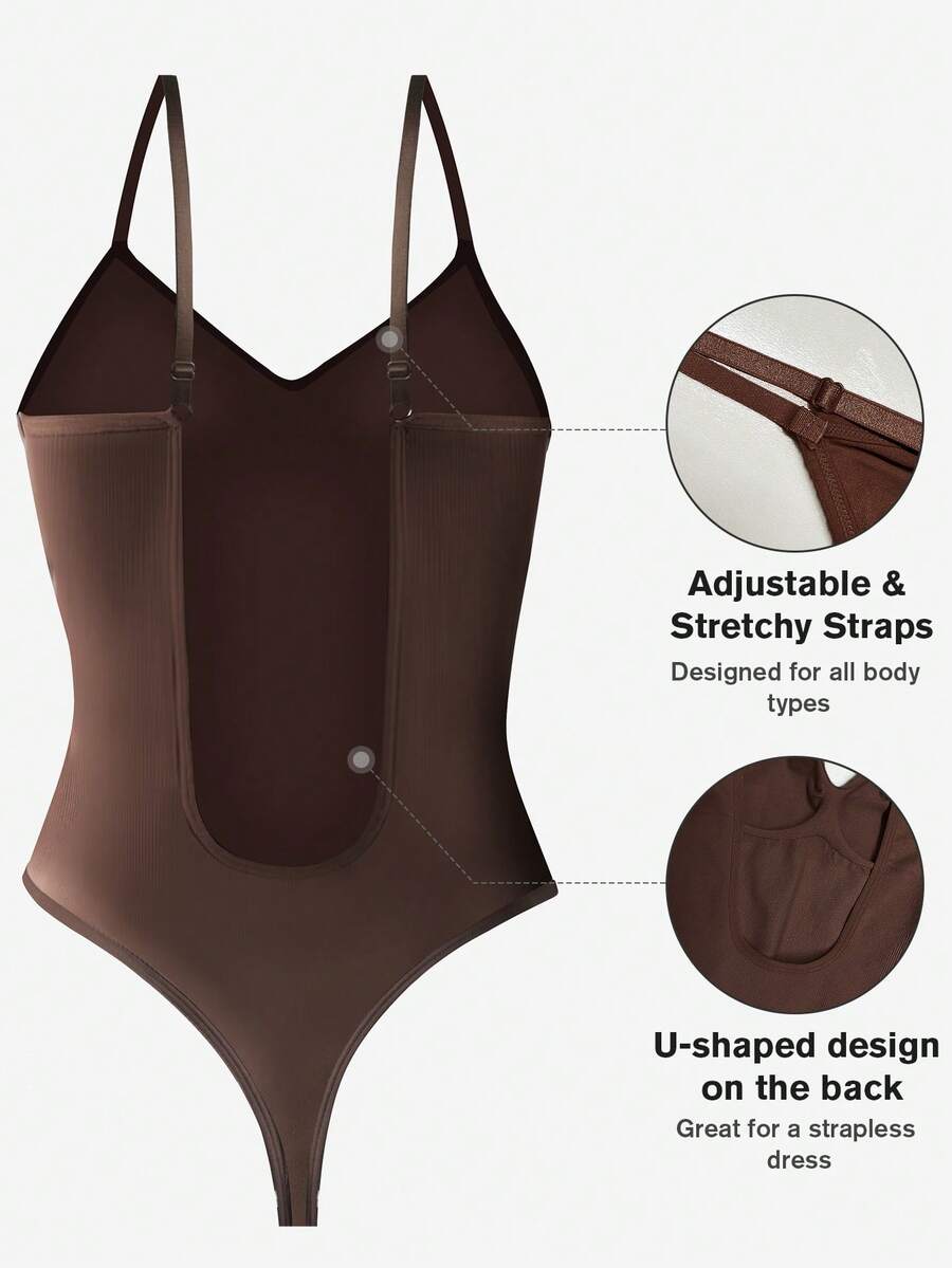 1pc Women's Seamless Backless Bodysuit With Tummy Control - Brown - View 1
