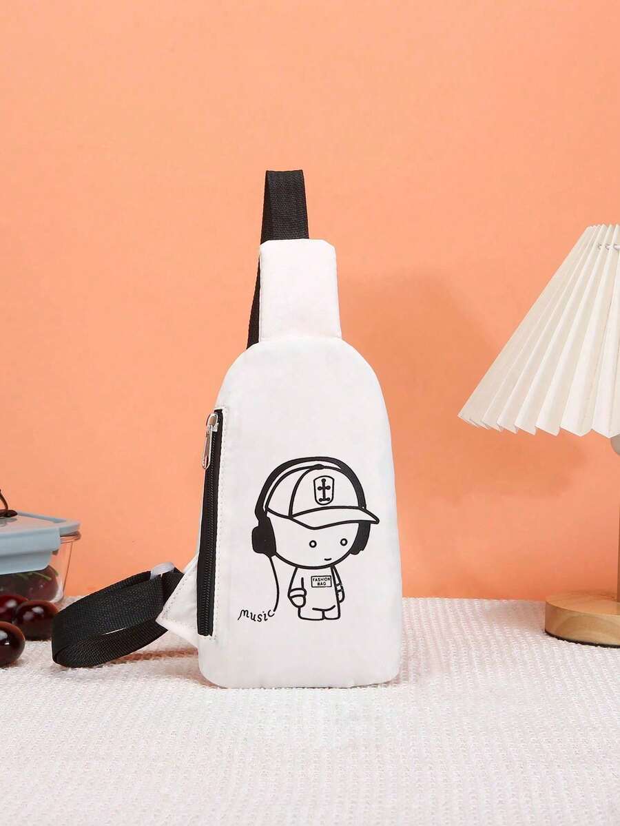 1pc Nylon Zipper Closure Cute Earphone Case With Boy Pattern, Suitable For Daily Use - White - View 1