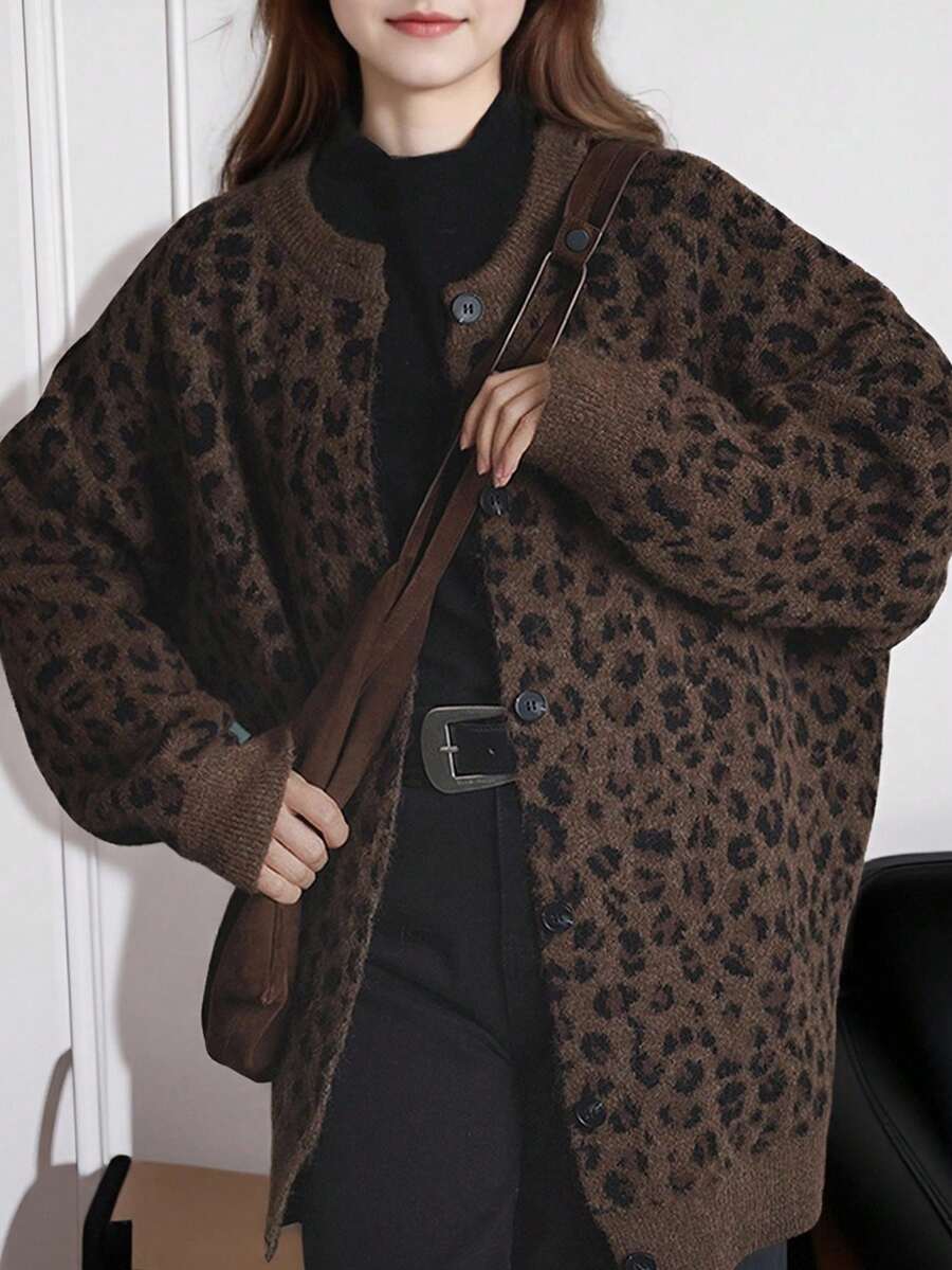 Alicedudu Áo khoác cardigan cổ tròn họa tiết da báo cổ điển dành cho nữ, Thu/Đông - Cà phê nâu - Xem 1