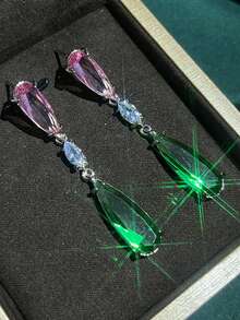 一对优雅简约的绿色合成锆石水滴形波西米亚风耳环，适合女性时尚订婚场合，紫色长款吊坠耳环 - 銀色 - 查看 4