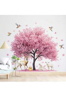 粉色樱花树墙贴，可爱动物在盛开的森林中玩耍，春节设计，自粘儿童房装饰，适用于儿童咖啡馆、图书馆、卧室、家居装饰，可移除装饰乙烯基贴纸。 - 彩色 - 查看 1