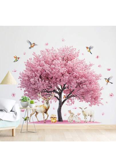 粉色樱花树墙贴，可爱动物在盛开的森林中玩耍，春节设计，自粘儿童房装饰，适用于儿童咖啡馆、图书馆、卧室、家居装饰，可移除装饰乙烯基贴纸。
