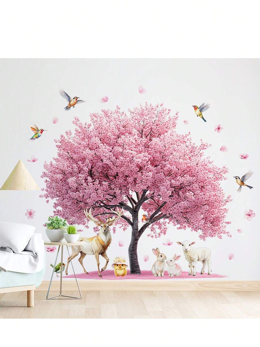 粉色樱花树墙贴，可爱动物在盛开的森林中玩耍，春节设计，自粘儿童房装饰，适用于儿童咖啡馆、图书馆、卧室、家居装饰，可移除装饰乙烯基贴纸。 - 彩色 - 查看 1
