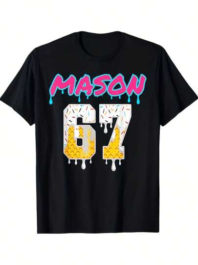 Men's Six Seven Ice Cream Drip Drip Sport 67 Fun Mason Meme T-Shirt - Bold Mason 67 Number Design, Paired With Pink And Yellow Drip Drip Ice Cream Patterns, Loose Casual Short Sleeved Round Neck T-Shirt, Suitable For Casual Wear, Parties, And Outings - A Comfortable Fit For All Seasons