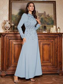 女士纯色浅蓝色优雅撞色珍珠装饰伞裙摆修身长连衣裙，配立领和精美串珠装饰 - 淺藍色 - 查看 5