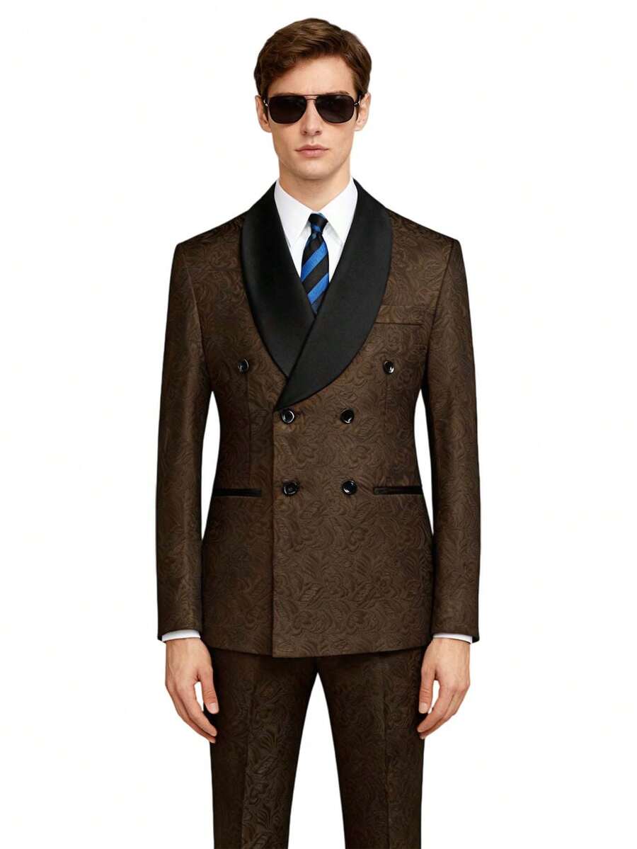 Men's Suit Floral Print Double Breasted Tuxedo Set | Shawl Lapel Blazer Jacket & Pant For Wedding & Formal Events - 棕色 - 查看 1