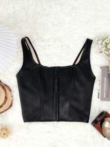 Vintage Decote Quadrado Pu Desossado Ilhós Frente Renda Para Cima Costas Overbust Shapewear Espartilho Curto Tanque Cami Top