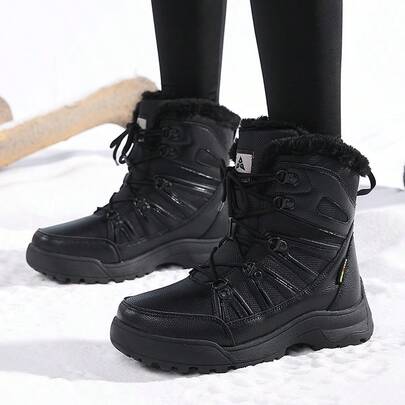 Botas de nieve elegantes negras para mujer, de caña media, con cordones, puntera redonda, de estilo casual y cálidas para el invierno, con suela antideslizante para uso en exteriores