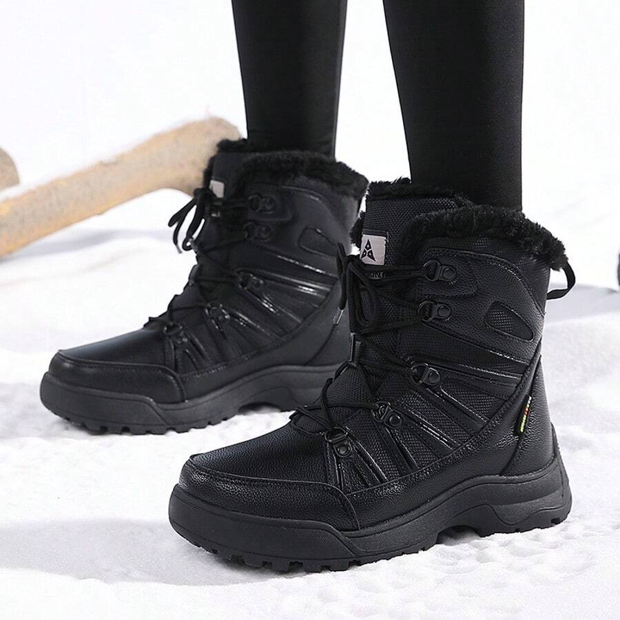 女士冬季保暖休闲鞋户外防滑时尚中筒靴系带圆头优雅黑色雪地靴 - 7017黑色 - 查看 1
