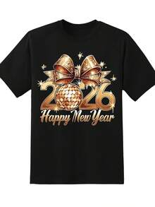 Happy New Year 2026 Gold Disco Ball Bow T-Shirt Women Casual Party Celebration Shirt For New Years Eve Holiday Fashion Top,220g - màu đen - Xem 2
