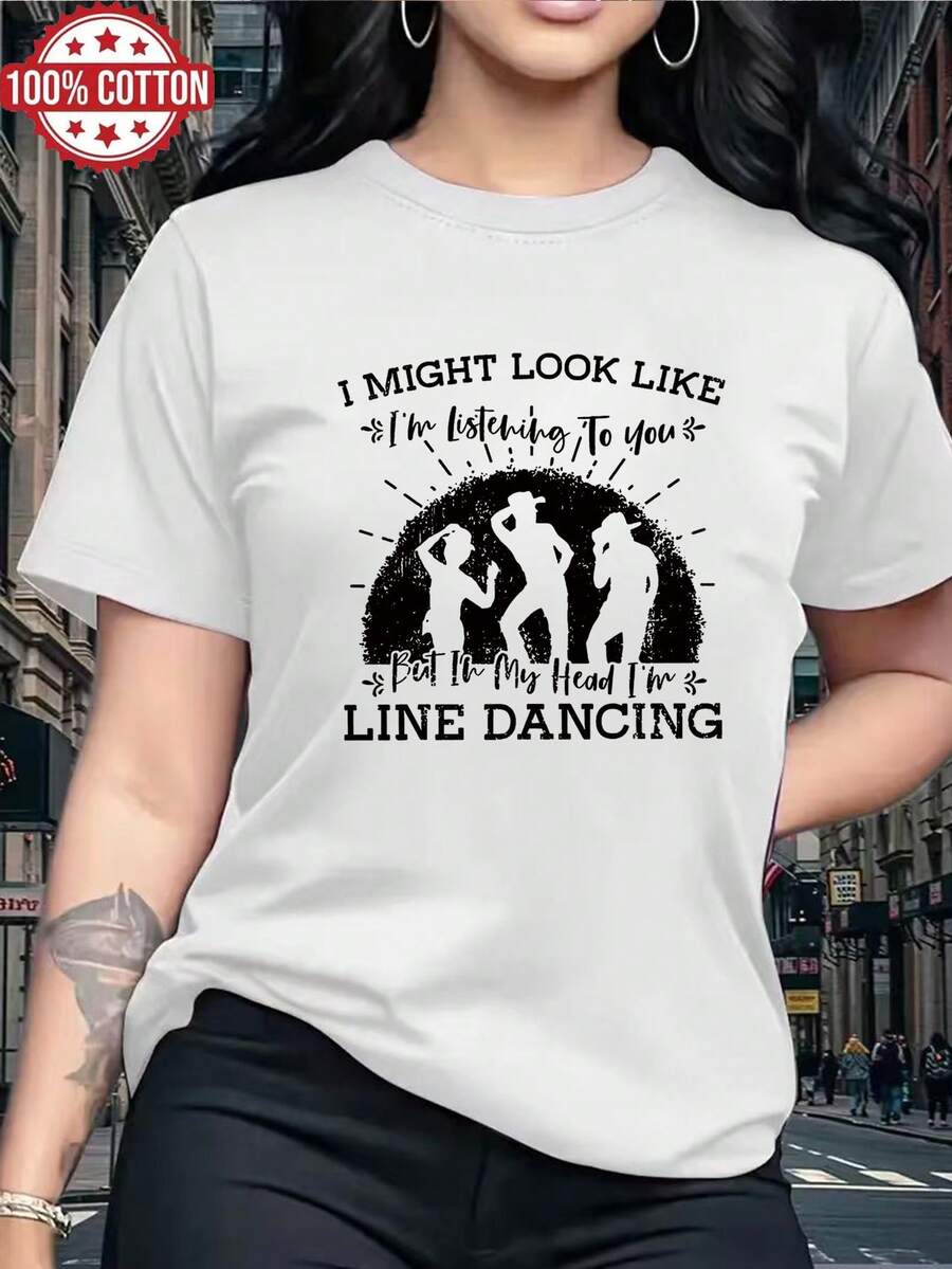 1PC 100% Cotton Line Dancing Silhouette Graphic Print Comfy Casual Women's Short Sleeve TShirt - Blanco - Ver 1