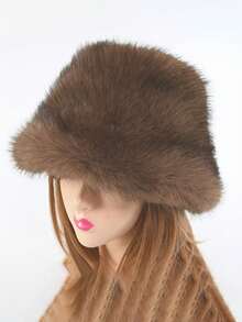 1 pièce Chapeau seau en fausse fourrure de renard, casquette cadeau de haute qualité en fausse fourrure d'hermine épaisse et - Acajou - Voir 13