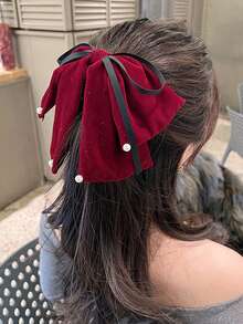 1pc Hair Bow Clips- Bow Hair Claw For Girls Teens, Alligator Clip Barrettes Silky Bowknots Hairpin For Holiday New Year Valentines Day Headdress Elegant Hair Clips Fashion Hair Clutch Winter Hair Accessories - Burgundy - View 1