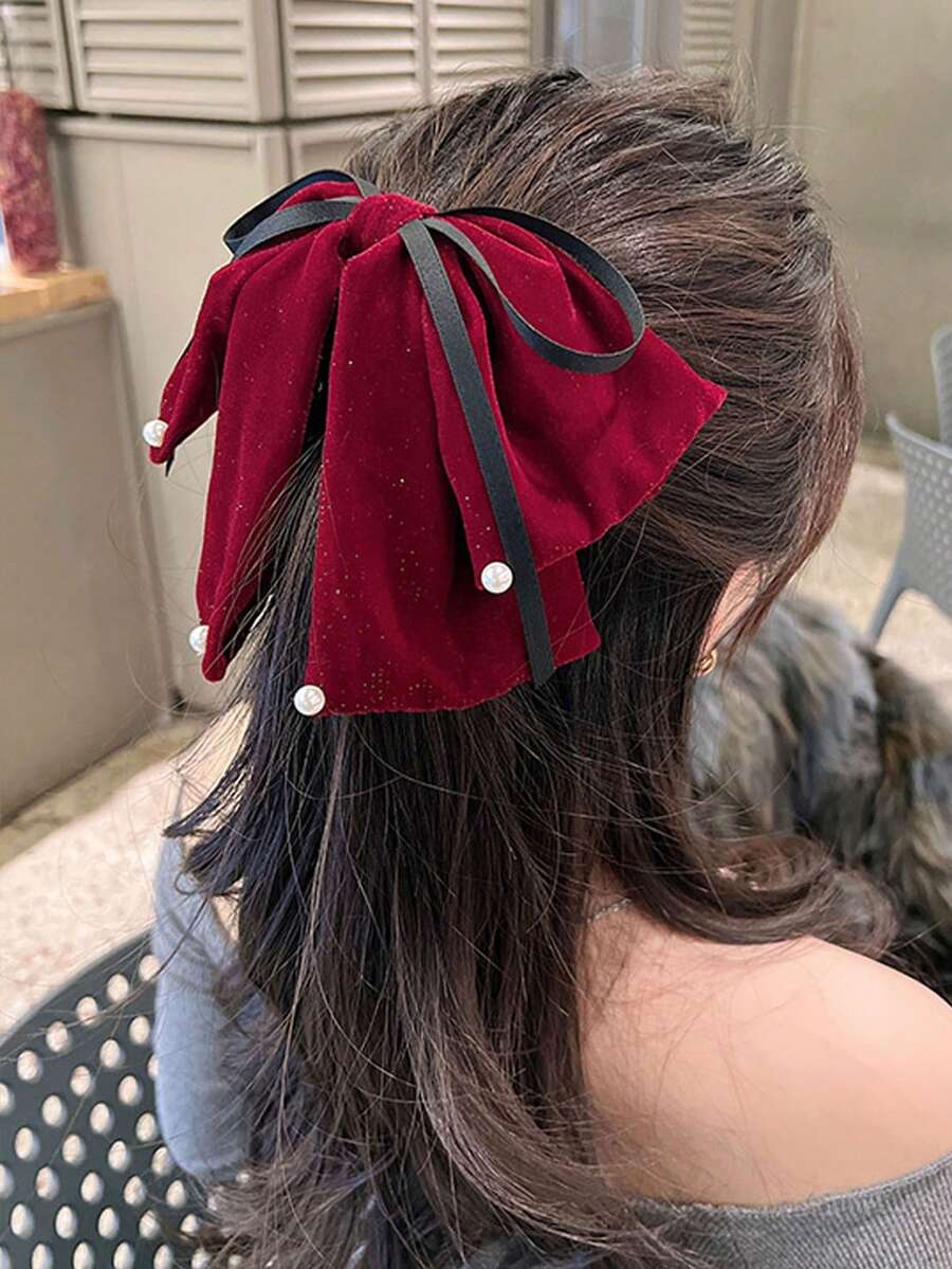 1pc Hair Bow Clips- Bow Hair Claw For Girls Teens, Alligator Clip Barrettes Silky Bowknots Hairpin For Holiday New Year Valentines Day Headdress Elegant Hair Clips Fashion Hair Clutch Winter Hair Accessories - Burgundy - View 1