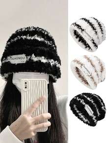 1pc Women's Winter Striped Fuzzy Hat, Thick Warm Contrast Color Knit Fluffy Beanie, Versatile Soft Windproof Slouchy Hat For Outdoor Cold Weather - Black - View 2