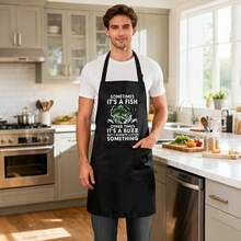 A High-Quality Fishing-Themed Apron Adorned With Fishing Rods And Fish-Shaped Patterns - Unisex Thickened Version With Pocket Design, Durable For Cooking And Fishing Trips, Also An Ideal Gift For Fishing Enthusiasts, Fathers, Mothers, And Fishermen (Suitable For Birthdays, Christmas, Father's Day) - 黑色 - 查看 4