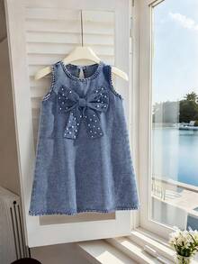 Girls Casual Loose Denim Dress With 3D Beaded Bow, Elegant Solid Color Denim Dress For Little Girls - Dark Wash - View 5