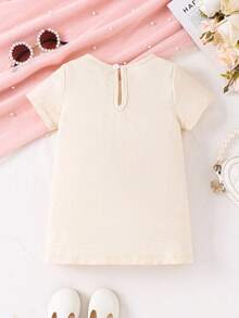 Baby Girls' Casual Cute Denim-Like Round Neck Short Sleeve Bowknot A-Line Hem Dress, Summer - Apricot - View 3
