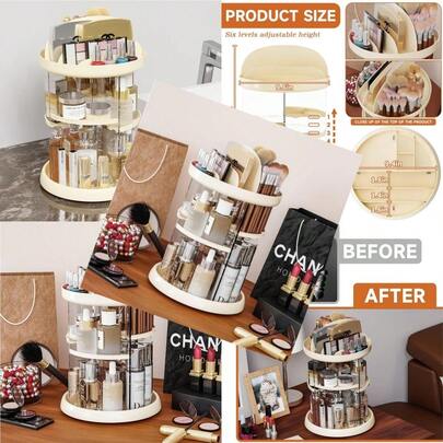 New Beige 360 Rotating Makeup Organizer For Vanity - 6 Tier Adjustable Spinning Bathroom Counter Cosmetic Display Cases And Makeup Holder For PaletteEyeshadow Brush Cologne Organizer