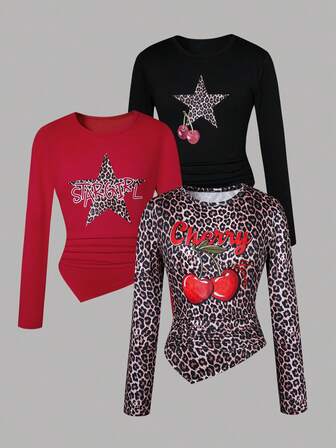 3pcs/Set Girls' Asymmetrical Hem Graphic Print Long Sleeve Knit Crew Neck Top