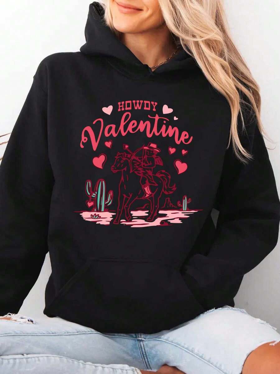 Women Hoodie Howdy Valentine Western Cowgirl Horse Print Sweatshirt Top For Valentine's Day Party Casual Wear Comfortable Fabric Perfect As A Gift - màu đen - Xem 1