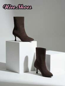 2025新款女士尖头修身踝靴，优雅踝靴，简约时尚显瘦舒适高跟靴，百搭各种服饰，现有黑色、米色、酒红色、红色、紫红色可选。 - 咖啡棕 - 查看 8