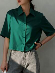 女士休闲交叉不对称纽扣衬衫 夏季 - 墨綠色 - 查看 4
