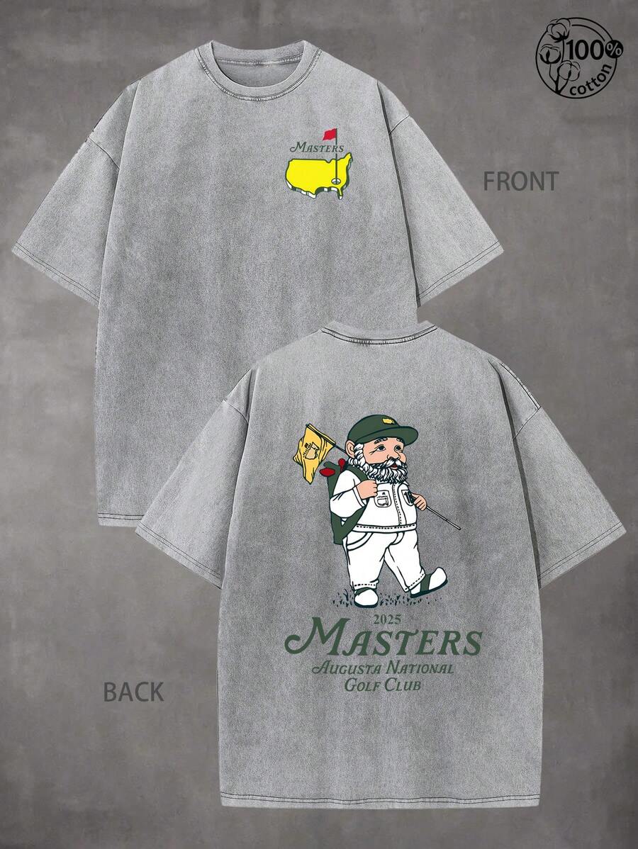 Augusta National Golf Club Design Unisex Shirt,Featuring The 2025 Masters Tournament Logo And A Gnome Graphic On The Back; 2025The Masters Golf Tournament Augusta Gift T-Shirt,Ball Sports T-Shirts,Mens Clothes,Golf Shirt, 230G Washed Cotton Double-Sided Printed T-Shirt, Suitable For Street Retro And Outdoor Sports And Leisure, Ideal Choice For Golf Enthusiasts; Gifts For Men - 灰色 - 查看 1