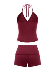 GAOVOT 两件套女士性感运动休闲跑步健身V领上衣和紧身短裤套装 - 酒紅色 - 查看 9