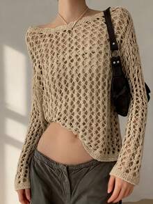 Women Loose Hollow-Out Lace Casual Beach Cover Up - Khaki - View 2