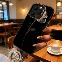 Funda de Teléfono Diseño de Flor Rosa Negra Para  14 Pro Max  13 Pro  12  Galaxy S23 S22 S21 Opción de Regalo Ideal para Todas las Estaciones - Plateado - Ver 3