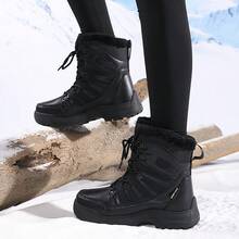 女士冬季保暖休闲鞋户外防滑时尚中筒靴系带圆头优雅黑色雪地靴 - 7017黑色 - 查看 4