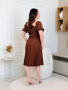 Pleated Midi Dress With Elastic Waistband - marrom - 查看 5