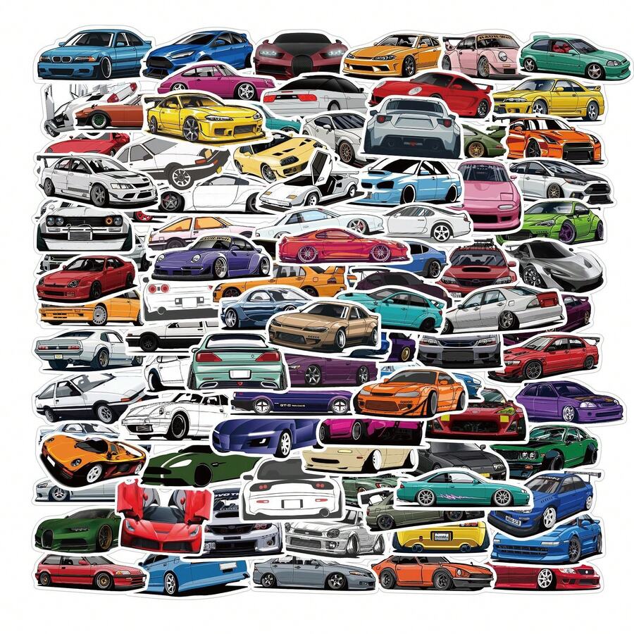 100pcs Cartoon JDM Sports Car Stickers For Laptop, Scrapbook, Luggage, Skateboard, Guitar Decoration, DIY Graffiti - Multicolor - View 1