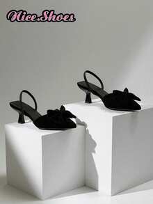 Women's New Bowknot High Heel Sandals, Pointed Toe Thin Heel French Backless Pumps, Bowknot Decor Commuting High Heels, Versatile Bowknot Wedding Party Heels, Available In Wine Red, Khaki, Black, Beige, White