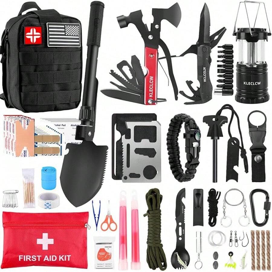 Survival Kit And First Aid Kit, 160 Pcs Emergency Supplies Camping Accessories With Upgraded Molle Bag, Gifts For Men And Women Outdoor Adventure Camping Hiking Hunting - 黑色 - 查看 1