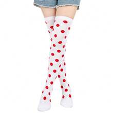 1 par de medias altas de Navidad para mujer - Medias hasta la rodilla a rayas con lazo y pompón, medias para fiesta de disfraces navideños, medias hasta la rodilla a lunares rojos y negros tipo mariquita - Medias decorativas para baile de máscaras, accesorios para fiestas y cosplay - Multicolor - Ver 3