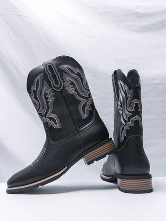 Men's Retro Western Embroidered Decor Square Toe Fashion Motorcycle Boots, Black