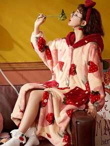 Strawberry Print Hooded Casual Robe, Christmas Gift Long Sleeve Warm Wool Thick Button Casual Loungewear With Pockets, Women Pajama Set, Essential For Winter - Multicolor - View 7