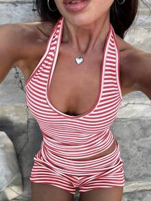 女士休闲运动吊带背心和短裤两件套，彩色条纹 - 紅白條紋 - 查看 1